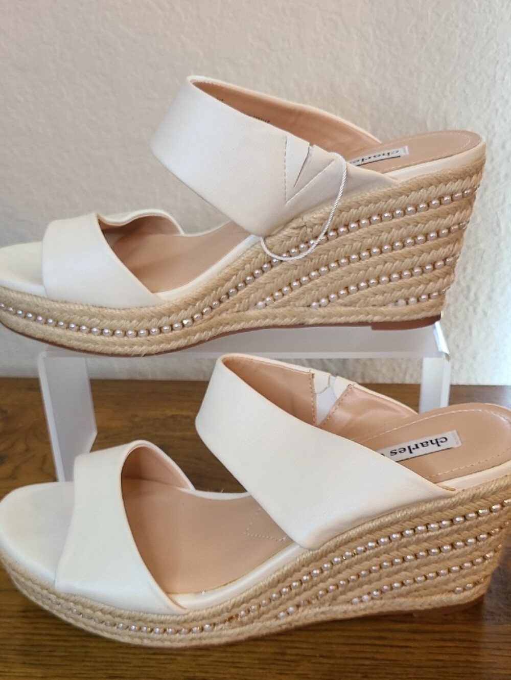 Charles David White Espadrille Slide Wedge Sandals
